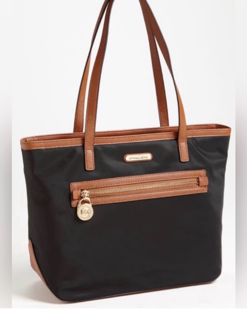 Michael Kors Black Nylon Tote with Brown Leather Trim